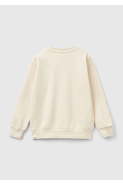 United Colors of Benetton Boy's Ecru Front and Left Sleeve Printed Crew Neck Sweatshirt