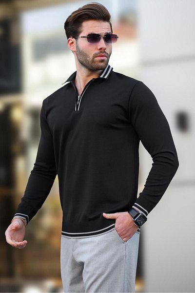 Madmext Black Zipper Collar Stripe Detailed Men's Sweater E7290