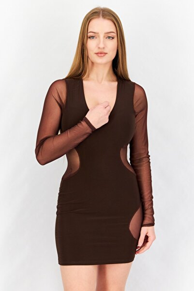 Missyempire فستان قصير كاجوال بتفاصيل شبكية للنساء، بني