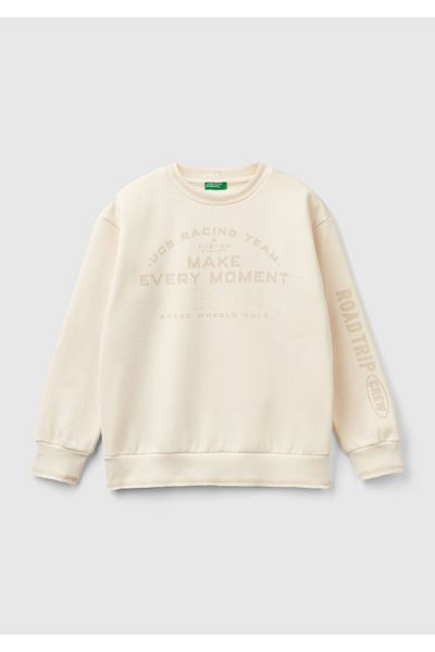 United Colors of Benetton Boy's Ecru Front and Left Sleeve Printed Crew Neck Sweatshirt