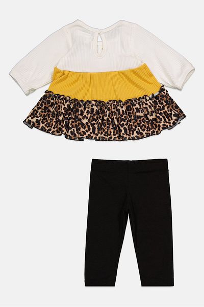 Rare Edition's Toddler Girl 2 Piece Knit Printed Tiered Top And Legging Set, Ivory