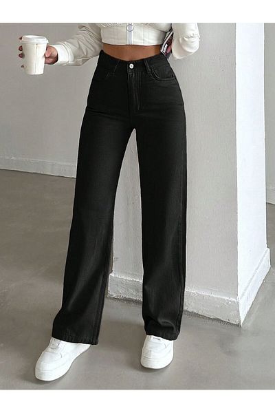 SHEVEGA Women's Black High Waist Linen Loose Leg Palazzo Pants