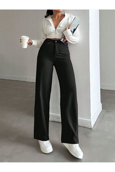 SHEVEGA Women's Black High Waist Linen Loose Leg Palazzo Pants