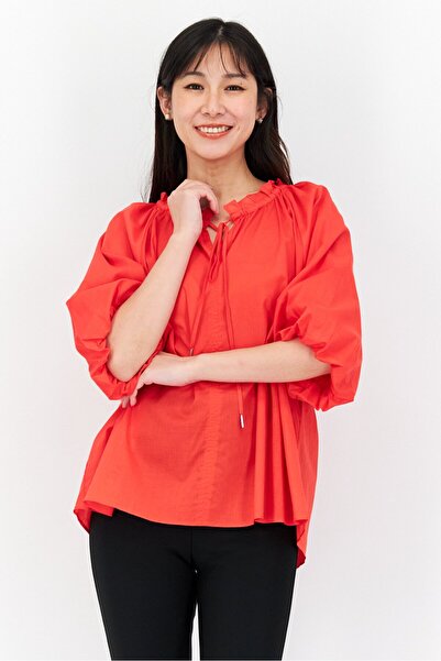 Jones of New York Women Tie Neck 3/4 Sleeves Plain Top, Red