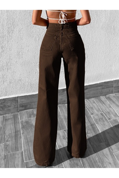 SHEVEGA Women's Brown High Waist Linen Loose Leg Palazzo Pants