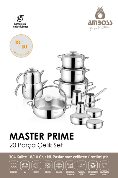 Amboss 20 Parça Master Prime Paslanmaz Çelik Tencere Çeyiz Seti & Çelik Saklama Kabı