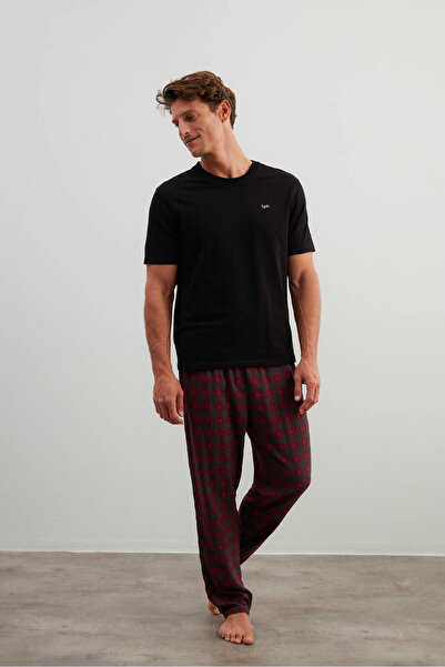 Syah Erkek Dokuma Cepli Uzun Pijama Altı