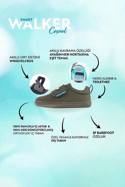 HOPFRÖG Smart Walker Casual - Pantofi pentru copii Kaki Barefoot, Super Mat