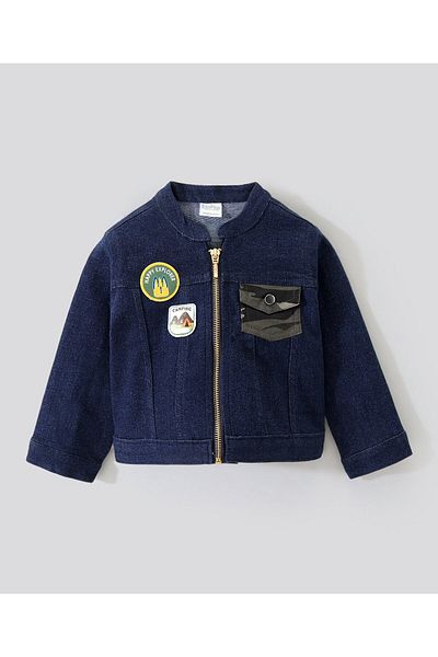 Bonfino Full Sleeves Denim Zipper Jacket With Badges- Navy Blue