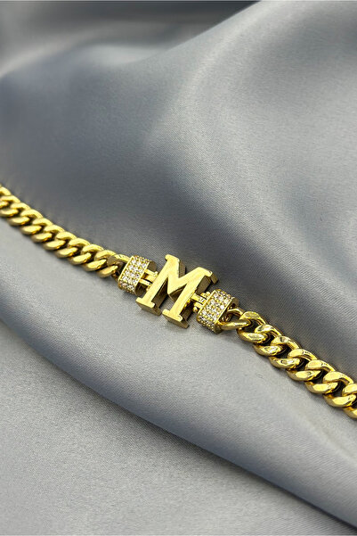 Dağıstanlı Kuyumculuk 14 Ayar Altın M Harfi Büyük Taşlı Gurmet Bileklik