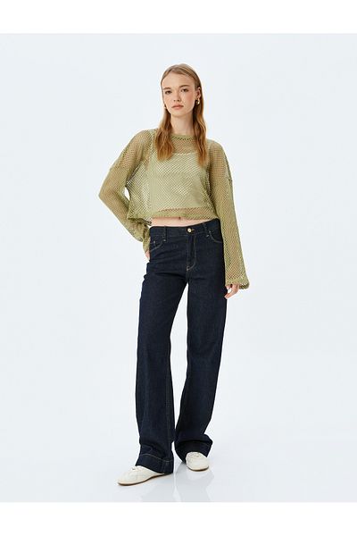 Koton Long Sleeve Crew Neck Crop Mesh T-Shirt