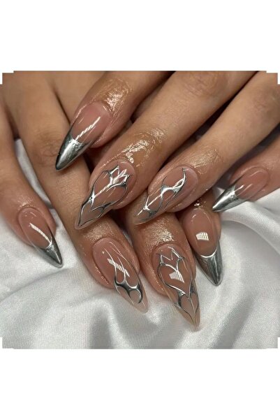 Alya Nail Studio Kadın Jel Nail Art Baskılı Gümüş Gothic Design Badem Oval Ta...