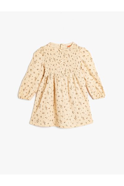 Koton Cotton Muslin Dress - Long Sleeve, Crew Neck, Bow Detail and Elastic Cuffs