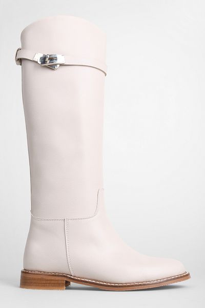 Shoeberry Women's Larissa Beige Leather Buckled Riding Boots Beige Leather
