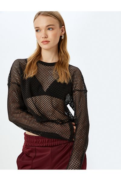 Koton Long Sleeve Crew Neck Crop Mesh T-Shirt