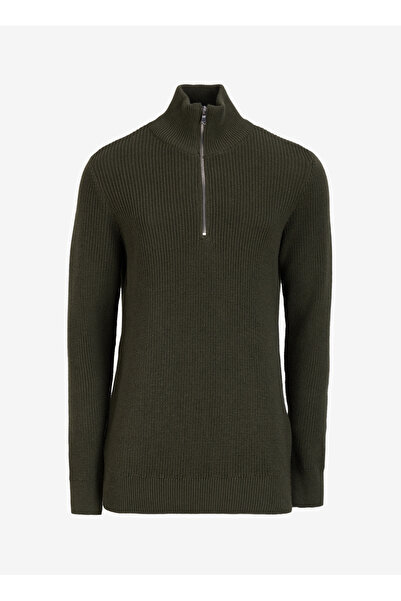 Mustang Fermuarlı Yaka Normal Örgü Desenli Haki Erkek Kazak M4WM-KZK-1813