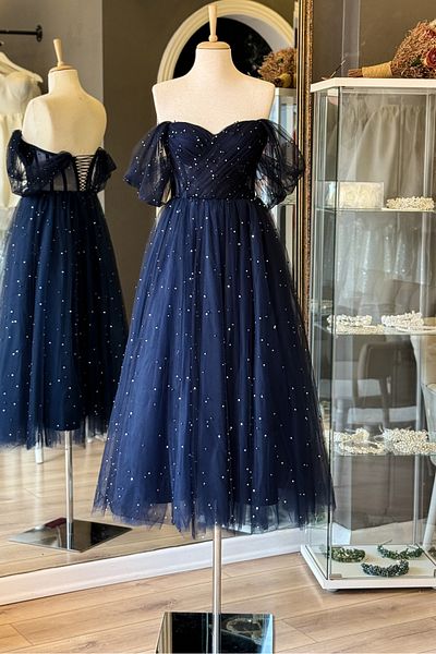 Lenta Moda Navy Midi Evening Dress - Pearls and Rhinestones Draped, Sheer Evening Gown