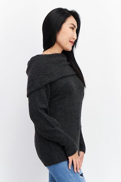 beach lunge lounge Women Off Shoulder Long Sleeve Textured Sweaters, Grey