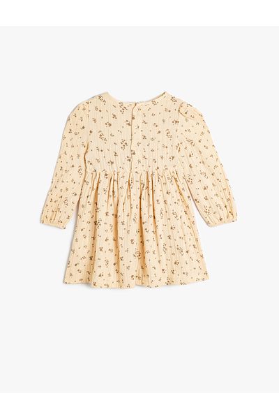 Koton Cotton Muslin Dress - Long Sleeve, Crew Neck, Bow Detail and Elastic Cuffs