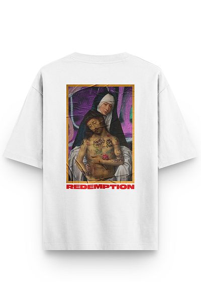 Overoz White Oversize Tshirt Redemption Back Printed Oversize Written Unisex T-Shirt 1296