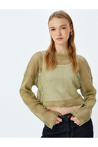 Koton Long Sleeve Crew Neck Crop Mesh T-Shirt