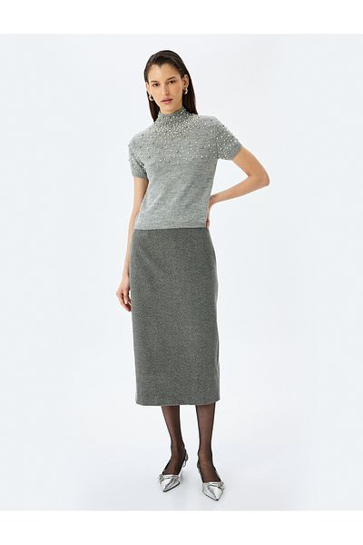 Koton X Melis Ağazat - Stand Collar Short Sleeve Stone Knitwear Sweater