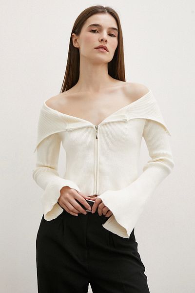 Never more Ecru Zippered Handkerchief Collar Cardigan