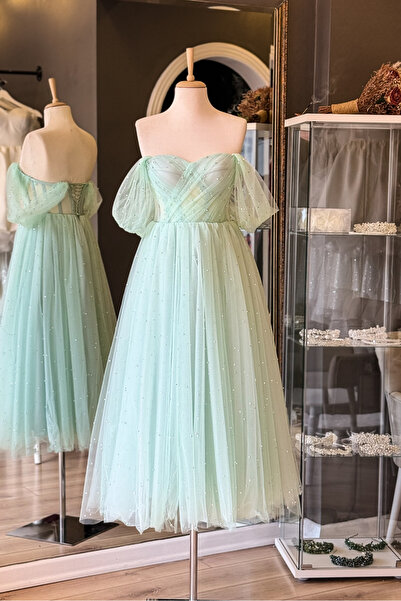 Lenta Moda Su Yeşili İncili  Ve Işıldayan Taşlı Midi Boy Drapeli Transparan Abiye ve Gece Elbisesi