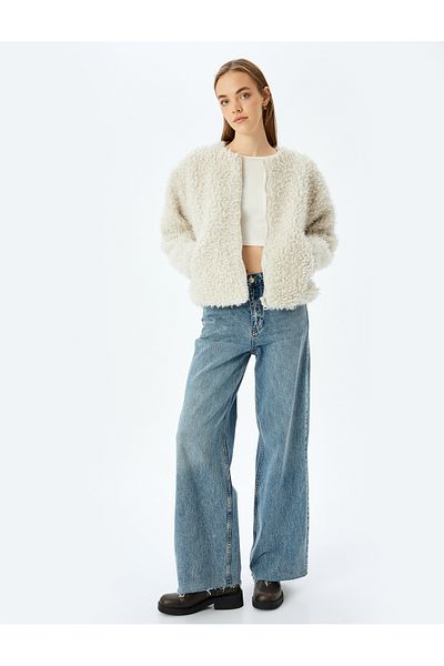 Koton Bomber Collar Zippered Plush Coat