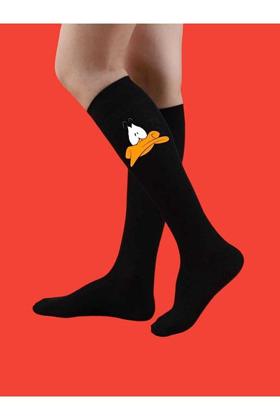 LİASSHOES Черни детски чорапи до коляното с щампа на патица
