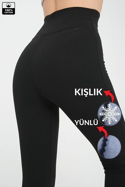 Moda Days Black Knitted Sports Leggings with High Waist and Ribs - Interlock with Recovery Wool