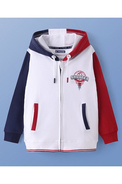 Pine kids Cotton Knit Full Sleeves Front Open Hooded Sweatjacket With Ball Design - White