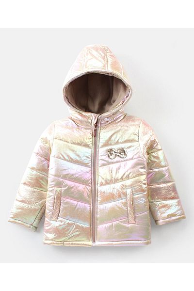 Babyhug Full Sleeves Front Open Padded Hooded Holographic Jacket with Sequin Bow Embroidery - Silver