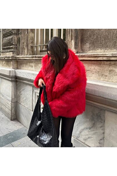 TİENDEROPA Premium Fur Plush - Touch Oversize Coat Red