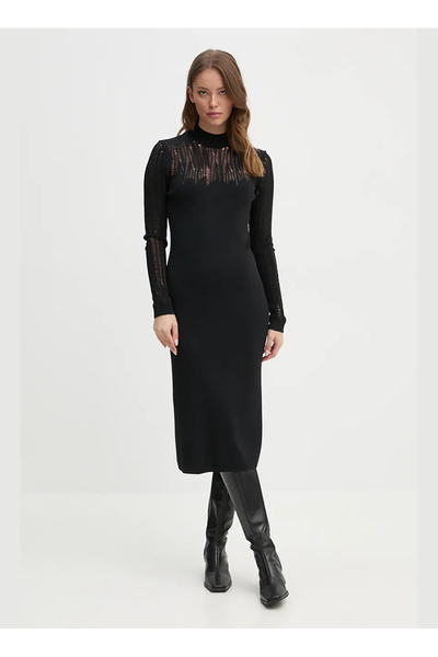 Sisley Crew Neck Black Long Women's Dress 1Mnpmv00S