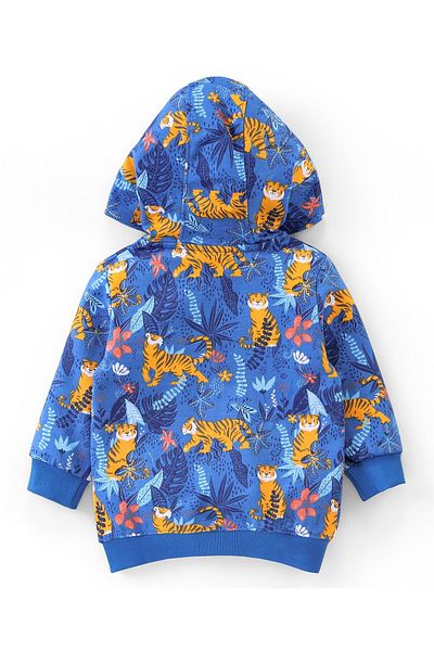 Babyhug Cotton Full Sleeves Hooded Sweat Jacket Tiger Print-  Blue