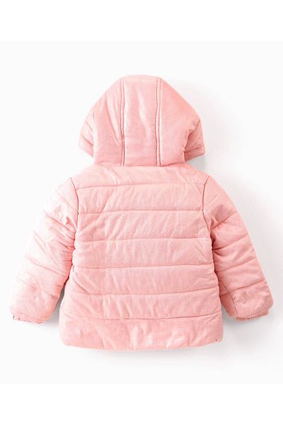 Babyhug Full Sleeves Front Open Padded Hooded Jacket with Solid Colour & Frill Detailing - Pink