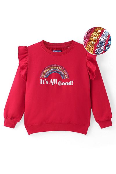 Pine kids Cotton Knit Full Sleeves Sweatshirt With Sequined Rainbow & Glitter Print - Red