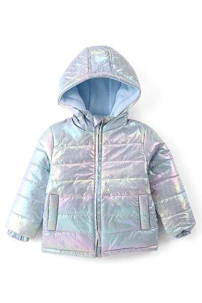Babyhug Full Sleeves Front Open Padded Hooded Jacket with Holographic Design - Blue