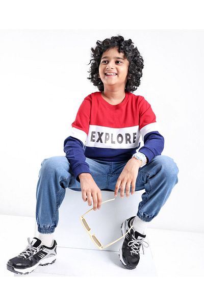 Pine kids 100% Cotton Knit Full Sleeves Biowashed Sweatshirt Explore Print - Red White & Blue