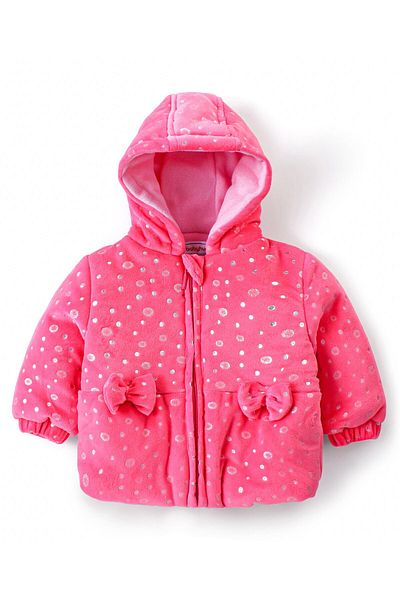 Babyhug Full Sleeves Hooded Sweat jacket with Polka Dot Design & Bow Applique - Pink
