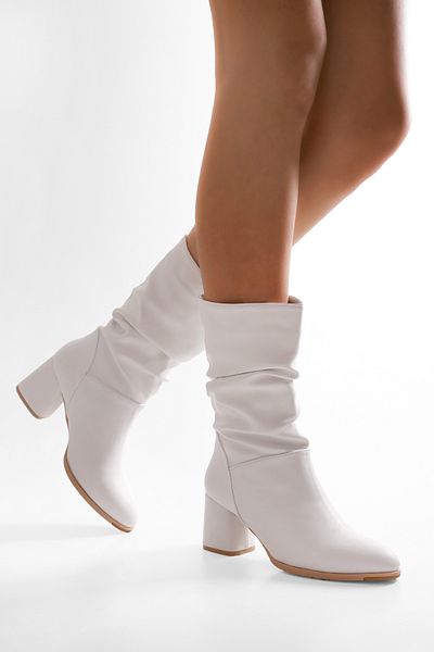 Shoeberry Női Nollie fehér sarkú csizma, fehér bőr