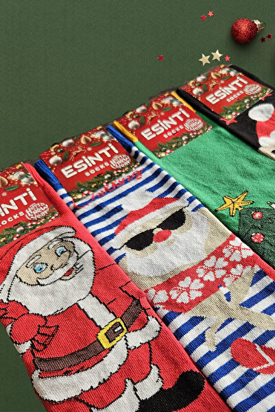 Esinti Чоловічий, жіночий, дитячий набір довгих кольорових новорічних шкарпеток з тематикою Діда Мороза в подарунковій коробці, 4 штуки