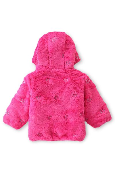 Babyhug - Woven Full Sleeves Hooded Fur Jacket with Star Print - Hot Pink
