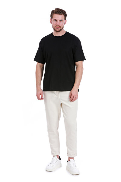 WERRONİ تيشيرت أسود سميك مزدوج الوجه غير مطبوع