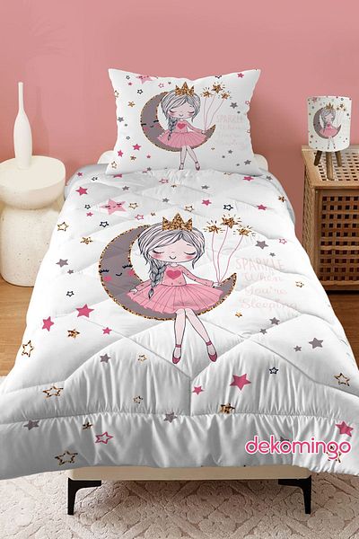 dekomingo White Moon Princess Multi-Star PATTERNED QUILTED KIDS QUILT AND PILLOW CASE