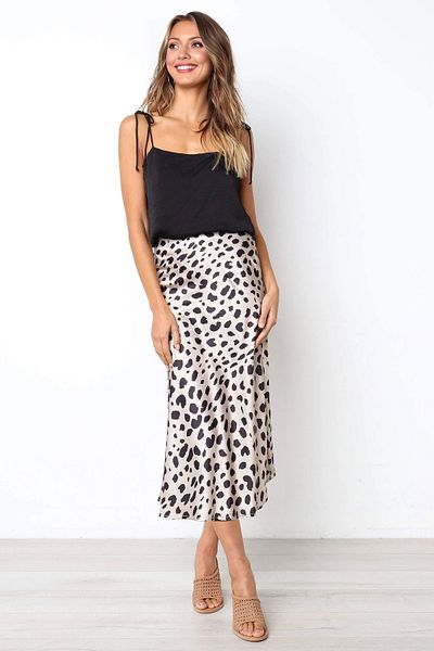 medipek High Waist Lycra Leopard Print Satin Midi Skirt - Elastic Waist and Zipper Detail
