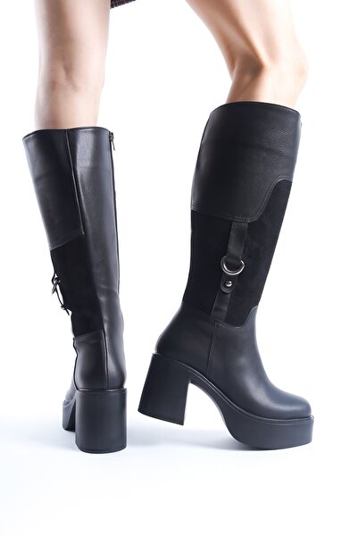 Modabuymus Poyel Black Buckle Thick Platform Heeled Comfortable Buckle Daily Boots