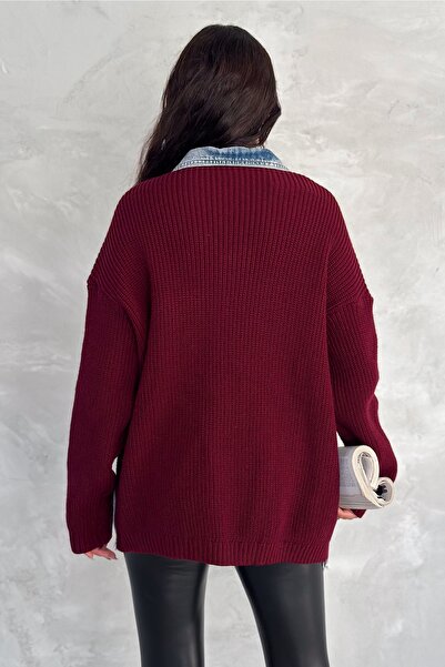 FEMELLE Women's Burgundy Oversize Denim Jeans Garnished Cardigan with Sleeves and Pocket Knitwear