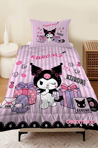 dekomingo Black Pink Striped Kuromi̇ Baby and Children's Room Quilted Quilt